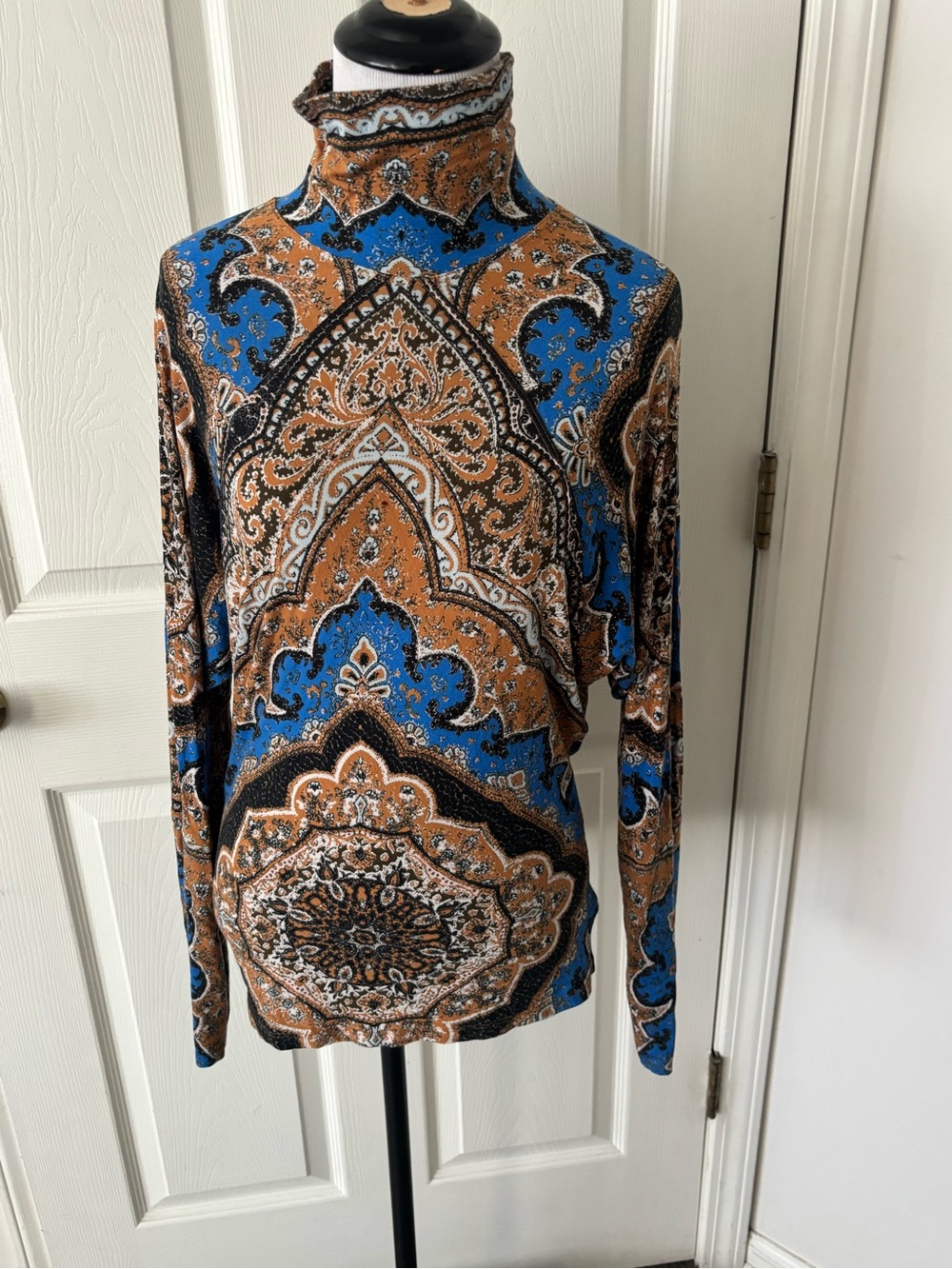Free People Blue and Brown Paisley Turtleneck Long Sleeve Top